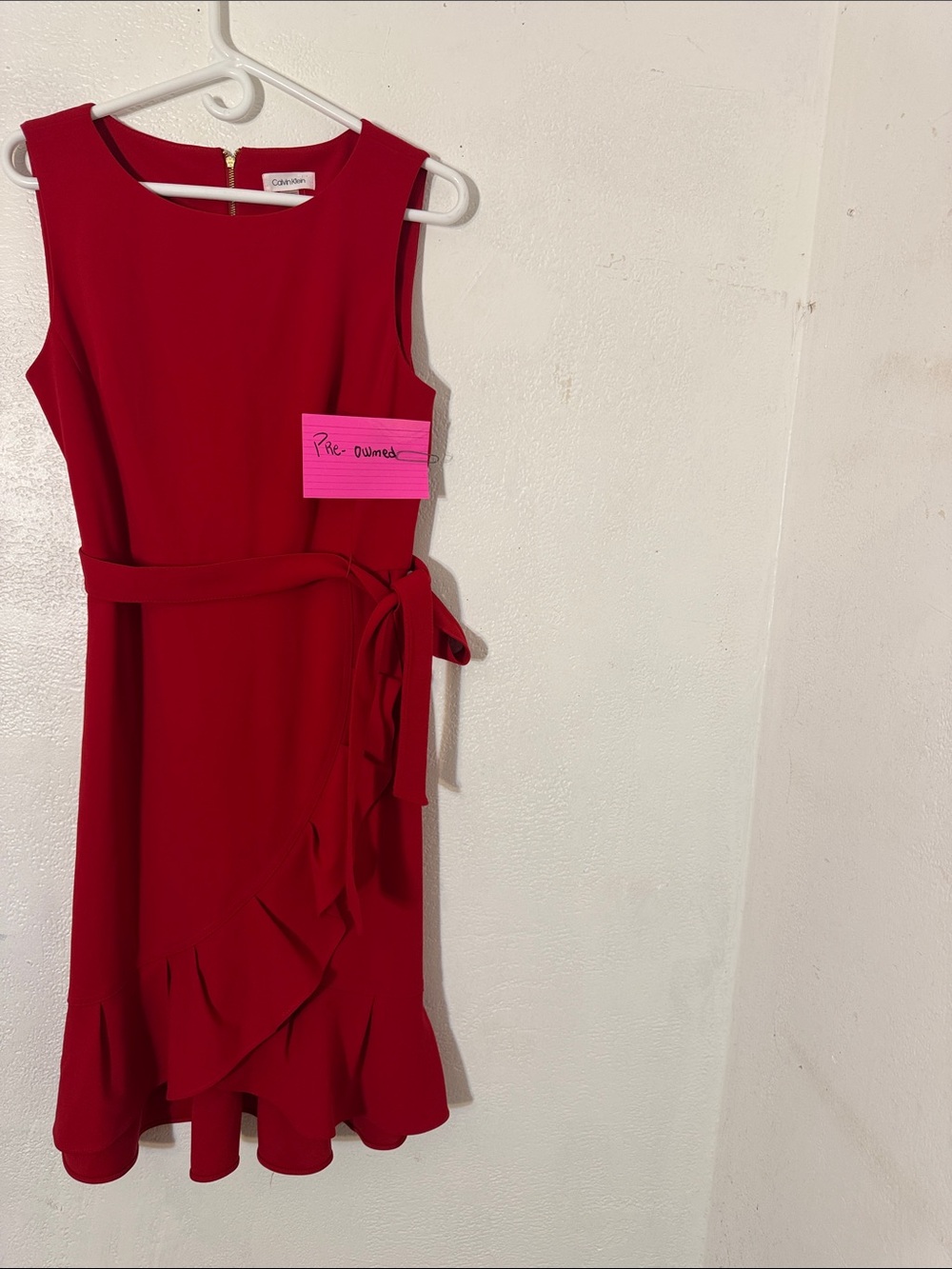 Calvin Klein Crimson Sleeveless Midi Dress with Ruffle Detail size 12